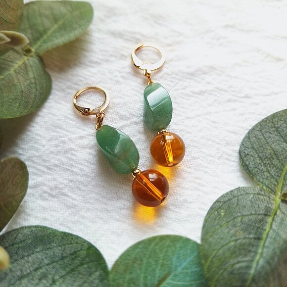Aventurine Earrings, Timeless Boho Crystal Dangles, Amber Bead Minimalist Drops - Picture 5 of 6